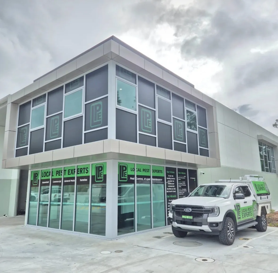 Local Pest Experts’ Taree office with a branded service ute parked outside