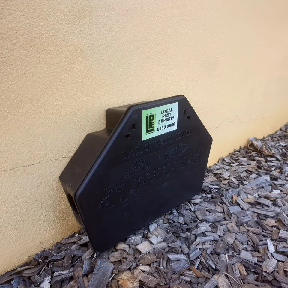 A branded Local Pest Experts rodent bait station against a house