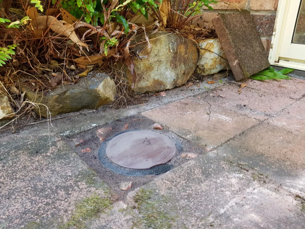 Termite monitoring station installed in paving beside an Elizabeth Beach home